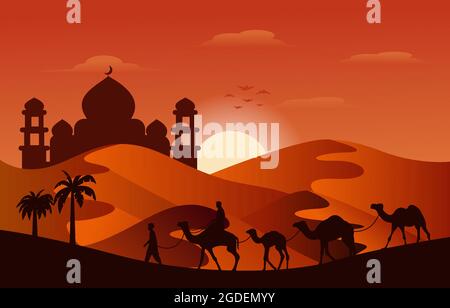 Sonnenuntergang Arabische Wüste Kamel Karawane Muslimische Islamische Kultur Illustration Stock Vektor