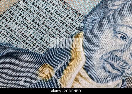 Nahaufnahme von Gourde oder Gourdes der Republik Haiti. Papierbanknoten des karibischen Landes. Detaillierte Aufnahme des Front-Art-Designs. Detaillierte m Stockfoto