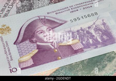 Nahaufnahme von Gourde oder Gourdes der Republik Haiti. Papierbanknoten des karibischen Landes. Detaillierte Aufnahme des Front-Art-Designs. Detaillierte m Stockfoto