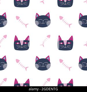 Kindliche nahtlose Muster mit Katze Gesicht blaue Farbe und Fisch Skelett in Cartoon-Stil. Vektor-Trenddruck. Niedliches Baby-Stoffdesign. Witziger Charakter. Stock Vektor