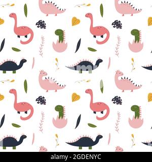 Niedliche Hand gezeichnet nahtlose Muster mit Mädchen rosa Dinosaurier, Baby Dino in Ei. Farbenfrohes Design für Kindergewebe, Textil, Kinderzimmer. Kindlicher Vektor-Dekorationsdruck. Stock Vektor
