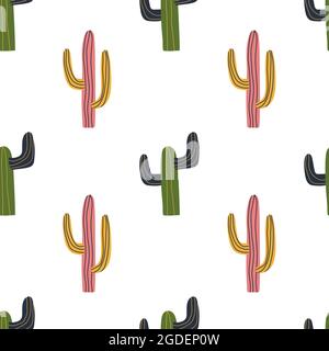 Kaktus Nahtloses Muster im niedlichen Cartoon-Stil. Kakteen im mexikanischen Stil. Wiederholen Sie Hintergrund, Hintergrundstruktur. Dekorativer Druck für die Qualität. Kinderbekleidung im Design. Stock Vektor