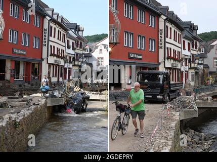 12. August 2021, Nordrhein-Westfalen, Bad Münstereifel: Die Fotokombo zeigt die Innenstadt von Bad Münstereifel am 17.7. (Links) und auf 12.8. (Rechts). Vier Wochen nach dem Hochwasser sind die Folgen noch abzusehen. In der Nacht auf 15.07 hatte die Flut der Erft das historische Zentrum der Stadt verwüstet. Straßen und Geschäfte wurden überflutet, Gas-, Strom- und Telefonleitungen waren freigelegt. Foto: Roberto Pfeil/dpa Stockfoto