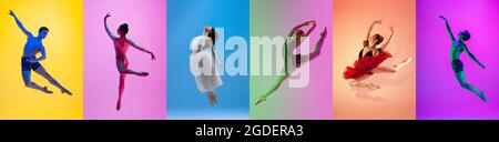 Tanz der Gefühle. Erstaunliche Leistung einer flexiblen männlichen, weiblichen Balletttänzerin, die isoliert auf farbigem Hintergrund übt. Konzept von Kunst, Schönheit Stockfoto