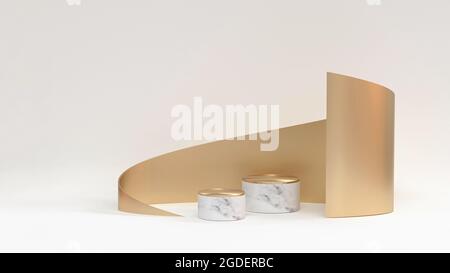 3d Rendering Illustration Kosmetik Podium Hintergrund. Marmorpodien mit goldverdrehter Form auf dem weißen. Kosmetik, Beauty-Produkt Promotion Sockel. Stockfoto
