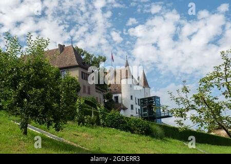 Nyon, Schweiz - 10. Juli 2021: Blick über den Garten zum Schloss Stockfoto