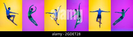 Tanz der Gefühle. Erstaunliche Leistung eines flexiblen männlichen Balletttänzers, der isoliert auf farbigem Hintergrund trainiert. Konzept von Kunst, Schönheit, Aspiration Stockfoto