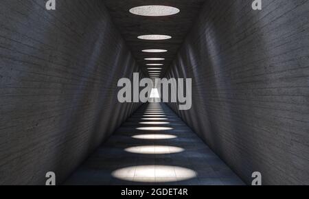 Abstrakte Architektur, langer Tunnel mit runden Löchern in der Decke für Solarbeleuchtung. 3d-Rendering Stockfoto