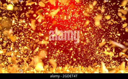 Explosion von metallischen Goldfragmenten auf rotem Hintergrund, selektiver Fokus. 3d-Rendering Stockfoto