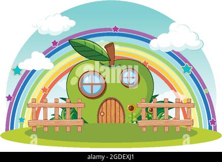 Grünes Apfelhaus mit Regenbogen am Himmel Illustration Stock Vektor