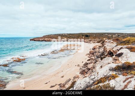 Little Emu Beach an einem bewölkten Tag, Innes National Park, Yorke Peninsula, South Australia Stockfoto