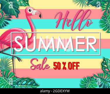 Hallo Sommer Sale Banner mit tropischen Blättern Illustration Stock Vektor