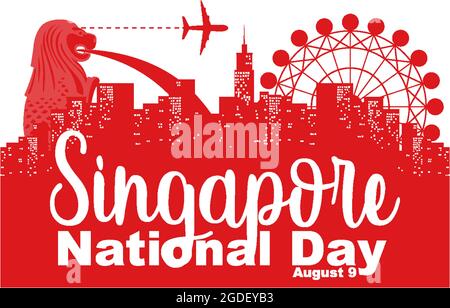Singapur Nationalfeiertag mit vielen berühmten Sehenswürdigkeiten Singapurs Stock Vektor