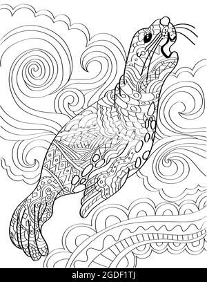 Großer Seelöwe Sieht Knurrend Aus Mit Wirbelndem Hintergrund, Farblose Linienzeichnung. Riesige Siegel Steht Nach Oben Malbuch Seite. Stock Vektor