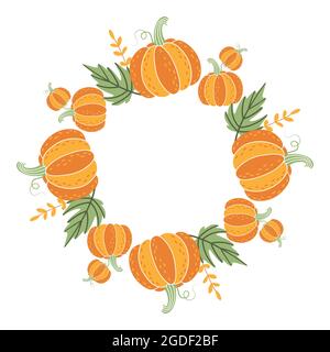 Ungewöhnlicher dekorativer runder Rahmen aus Kürbissen und gefallenen Blättern. Herbstgemüsekranz für Erntetag, Erntedankfest, Halloween. Einfaches Clipart Stock Vektor