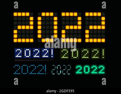 Happy New Year 2022 Text LED Licht Design-Set. 20 22 glühende Zahlen auf dem digitalen Bildschirm elektrische Anzeigetafel für Weihnachten Feiertage Branding, neu Stock Vektor