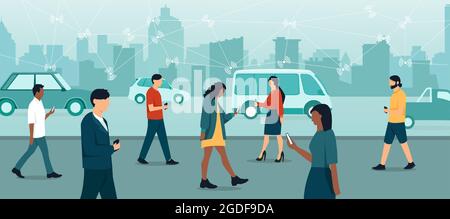 Vektor einer Menschenmenge, die mit Mobiltelefonen auf einer großen Stadtstraße läuft Stock Vektor