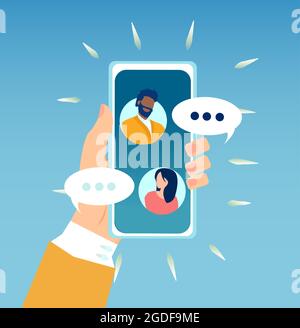 Vektor von jungen Menschen chatten auf dem Smartphone mit mobilen App Stock Vektor