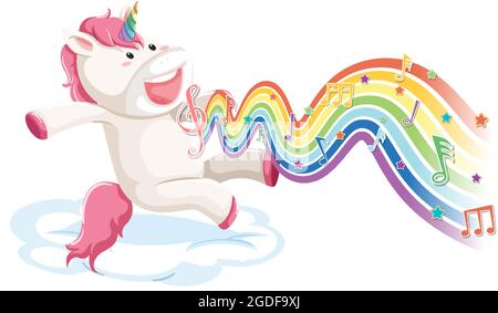 Einhorn springt auf der Wolke mit Melodiesymbolen auf Regenbogenwellen-Illustration Stock Vektor