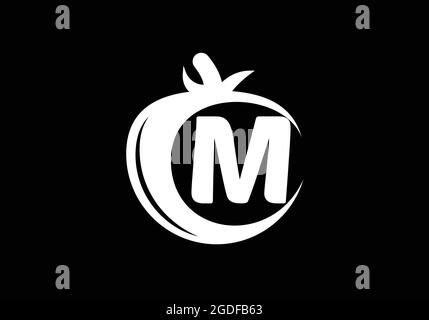 Anfängliches M-Monogramm-Alphabet mit Tomate. Tomate Logo Design-Vorlage. Schrift-Emblem. Modernes Vektor-Logo für Bio-Lebensmittel-Geschäft und Firmenidentität Stock Vektor