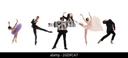 Collage aus Porträts männlicher und weiblicher Balletttänzer, die isoliert auf weißem Hintergrund tanzen. Konzept von Kunst, Theater, Schönheit und Kreativität Stockfoto