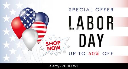 Happy Labor Day USA kreatives Banner. Isolierte abstrakte Grafik-Design-Vorlage. Helle, rote, blaue Farben. Dekorativ bis zu 50 Prozent Rabatt, Fahnenhinterteil Stock Vektor