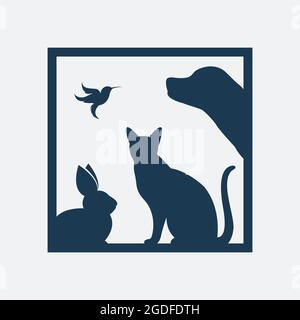Vektor-Gruppe von Haustieren im Rahmen - Hund, Katze, Vogel, Kaninchen, isoliert auf einem weißen Hintergrund. Leicht editierbare Vektorgrafik mit Ebenen. Tiere. Stock Vektor