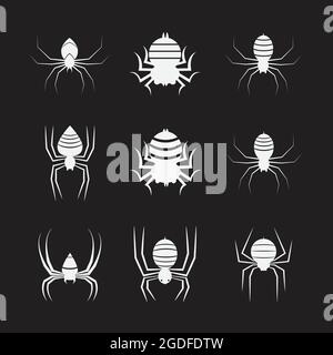 Vektorgruppe von Spinnen auf schwarzem Hintergrund. Insekt. Tiere. Symbol „Spinnen“. Leicht editierbare Vektorgrafik mit Ebenen. Wilde Tiere. Stock Vektor