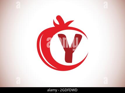 Anfängliches Y-Monogramm-Alphabet mit Tomate. Tomate Logo Design-Vorlage. Schrift-Emblem. Modernes Vektor-Logo für Bio-Lebensmittel-Geschäft und Firmenidentität Stock Vektor