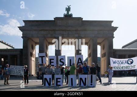 Berlin, Deutschland. August 2021. Demonstranten protestieren gegen den Bau der Tesla-Fabrik in Brandenburg. Vor dem Brandenburger Tor halten sie große Buchstaben in den Händen, die die Worte "Tesla - Nein" bilden. Quelle: Paul Zinken/dpa/Alamy Live News Stockfoto