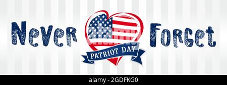 Patriot Day USA 09.11 horizontales Banner. Isolierte abstrakte Grafik-Design-Vorlage. Rote, blaue, weiße Farben. Kalligrafische Schriftzüge. Dekorative Callig Stock Vektor