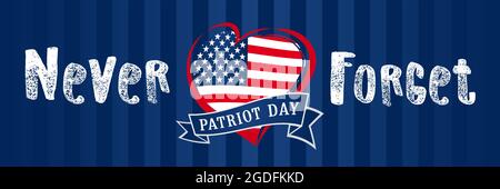 Patriot Day USA 09.11 horizontales Banner. Isolierte abstrakte Grafik-Design-Vorlage. Rote, blaue, weiße Farben. Kalligrafische Schriftzüge. Dekorative Callig Stock Vektor