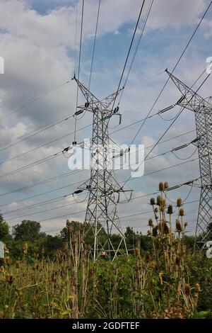 Riesige, riesige Stromtürme, die Technologie, Strom und Strom in Hochspannung über das amerikanische Land transportieren. Stockfoto