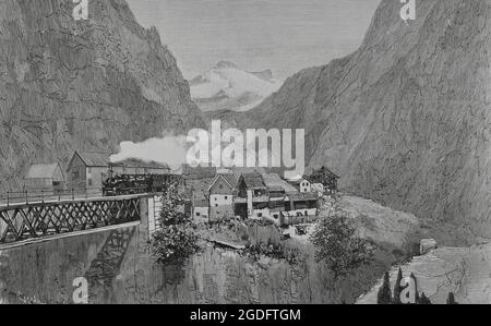 Schweiz. Einweihung der St. Gotthard-Bahn. Ankunft des ersten Zuges am Bahnhof Göschenen. Stich von Tomás Carlos Capuz. La Ilustración Española y Americana, 1882. Stockfoto