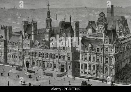 Frankreich, Paris. „Hôtel de Ville“ (Rathaus). Das Gebäude wurde zwischen 1874 und 1882 nach den Plänen der Architekten Théodore Ballu und Edouard Deperthes rekonstruiert. Blick auf das neue 'Hotel de Ville', das am Abend des 13. Juli 1882 offiziell eingeweiht wurde. Stich von Bernardo Rico. La Ilustración Española y Americana, 1882. Stockfoto