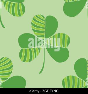 Nahtloses Vektormuster mit Kleeblatt auf grünem Hintergrund. Einfache viel Glück Tapete Design. Dekorative Symbol Mode Textil. Stock Vektor