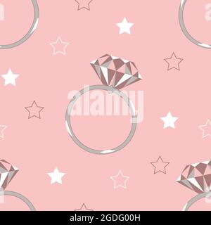Nahtloses Vektor-Muster mit Diamantring auf rosa Hintergrund. Schöne Hochzeit Symbol Tapete Design. Dekorative Vorschlag Mode Textil. Stock Vektor