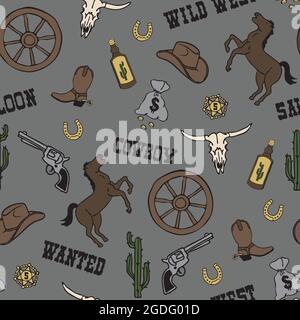 Nahtloses Vektormuster mit wildem West-Cowboy auf grauem Hintergrund. Einfaches Western Tapetendesign für Kinder. Dekorative Texas Fashion Textil. Stock Vektor