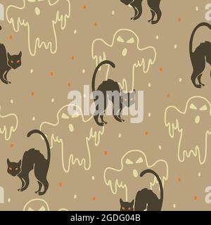 Nahtloses Vektor-Muster mit verängstigten schwarzen Katzen und Geistern auf hellgrauem Hintergrund. Niedliche Halloween Tapete Design. Stock Vektor