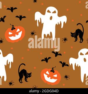 Nahtlose Wiederholung Vektor-Muster mit Geist und schwarze Katzen auf beige braunen Hintergrund. Grusel Halloween Tapete Design. Stock Vektor