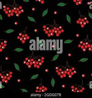 Nahtloses Vektor-Muster mit roten Beeren auf schwarzem Hintergrund. Schlichtes Eberesche-Beere-Tapetendesign. Ideal für Mode, Stoff, Heimtextilien. Stock Vektor