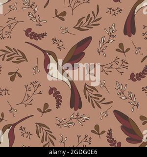 Nahtloses Vektor-Muster mit romantischen Kolibris auf hellrosa Hintergrund. Dekoratives Vintage-Tapetendesign. Tropischer Vogel Mode Textil. Stock Vektor