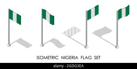 Isometrische Flagge von NIGERIA in statischer Position und in Bewegung auf Fahnenmast. 3d-Vektor Stock Vektor
