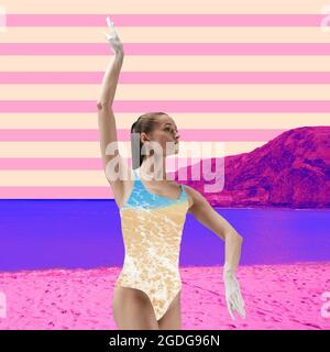 Kreative Kunstwerke in rosa Farbtönen. Tanzen am Meer. Kunstcollage. Stockfoto