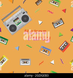 Nahtloses Audiokassettenband und Radiomuster. 80er Jahre Retro Musikausrüstung Technologie Hintergrund. Vektor- und Illustrationsdesign. Stock Vektor