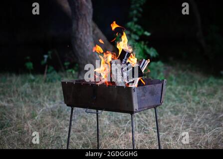 Ein kleiner klappbarer, tragbarer Brazier, gefüllt mit brennendem Holz. Kochen auf dem Grill. Sicheres Feuer in der Natur. Brennholz. Flammen im Brazer. Stockfoto