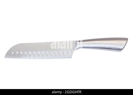 Hochwertiges, langlebiges Santoku-Kochmesser aus Edelstahl, isoliert auf Weiß mit Schneideweg. Stockfoto