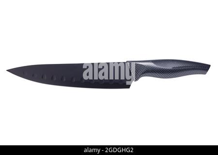 Hochwertiges Santoku Kochmesser aus Edelstahl mit schwarzer antibakterieller Antihaft-Beschichtung. Isoliert auf Weiß mit Beschneidungspfad. Ideal für den Beruf Stockfoto