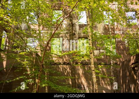 Die Skelettreste des Catskills Hotels, das Overlook Mountain House, begrüßen Wanderer, die auf den Gipfel des Overlook Mountain in der Nähe von wo reisen Stockfoto