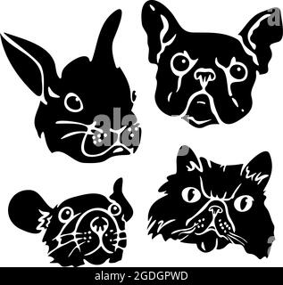 Vektor-Illustration Set mit Silhouetten von Katzen, Hunden, Kaninchen und Maus Gesichter. Kollektion mit Haustieren Silhouetten. Stock Vektor